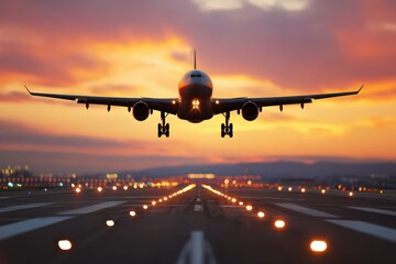 Fototapeta premium An aircraft lands on a runway during a vibrant sunset, highlighting aviation against a colorful sky.