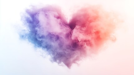 Obraz premium Heart Shape Made of Multicolored Smoke or Liquid on White Background: Left Side Mainly Blue and Purple, Right Transitioning to Pink and Red, Soft Ethereal Smoke with Visible Strands, Abstract Vibrant 