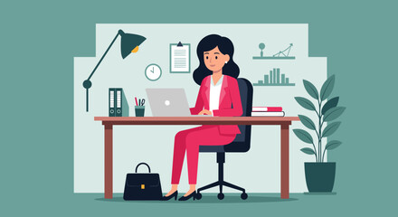 A professional woman in a vibrant pink suit diligently works on her laptop at a stylish office desk, embodying productivity and a modern work environment.