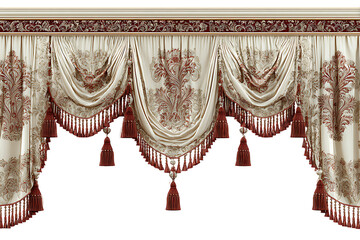Opulent beige curtains with intricate floral design and burgundy tassels offering vintage charm for elegant interior decor with classic style design elements