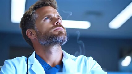 Healthcare worker drinking coffee during late night hospital shift, showcasing professional fatigue and momentary calm amid intense medical environment