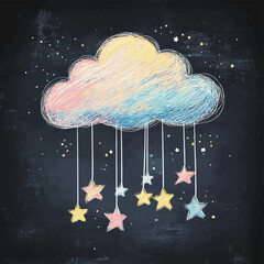 Cute Design Colorful Cloud with Star Threads Isolated on Chalkboard Backdrop. Children's Chalk Drawn Sketch