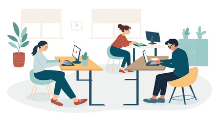 Three diverse professionals are diligently working on their computers in a modern, brightly lit office environment, showcasing contemporary business productivity.