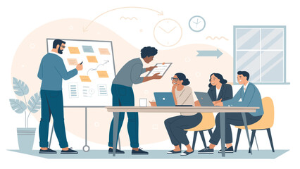 A diverse team of professionals collaborates effectively in a modern office, strategically planning tasks and discussing innovative project solutions.