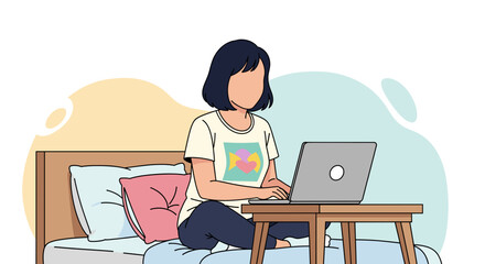 A young woman comfortably works on her laptop from the cozy confines of her bed, embracing remote work and digital connectivity.