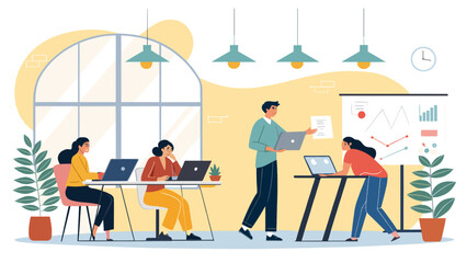 A dynamic team of professionals collaborates in a modern, bright open-plan office, engaged in a productive meeting with laptops and a visual presentation.