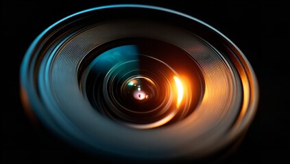 Close-up of camera lens reflecting orange and blue lights, symbolizing creativity and innovation in video production on a dark background