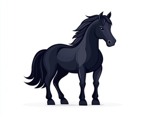 Fototapeta premium Cartoon black horse, standing still on a white background. Muscular build and shiny coat. Smooth vector graphic style