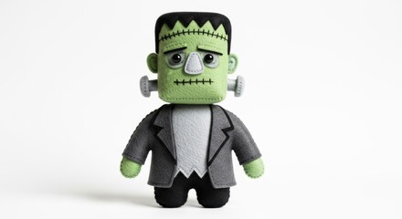 Hand-crafted felt frankenstein on a solid white background, handmade miniature