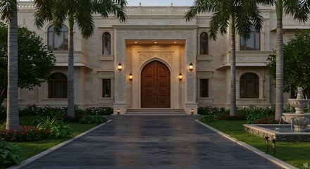 Fototapeta premium Elegant inviting India home exterior boasting opulent mansion with grand entrance and marble exteriors