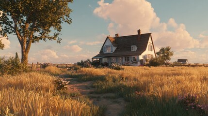 A quaint, white farmhouse nestled amidst a golden wheat field, bathed in the warm glow of a late afternoon sun. A tree stands to the left, a dirt path leads to the house's porch