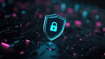 Glowing shield icon with lock, on a dark digital grid