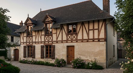 Stylish breathtaking  France home exterior highlighting traditional charm with intricate wooden detailing