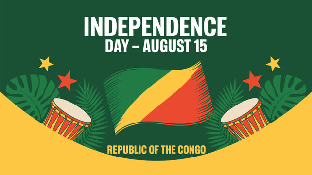 Celebrate Republic of the Congo Independence Day August 15 with vibrant drums, tropical foliage, and national flag for festive events and cultural promotions