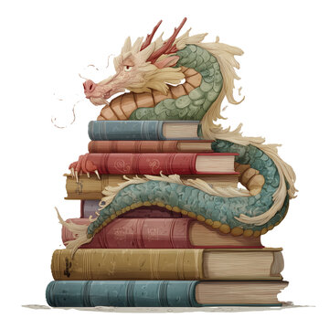 Bookish Dragon, Fantasy Bookworm Art