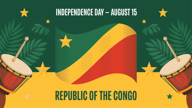 Celebrate Republic of the Congo Independence Day with vibrant drums, stars, and lush foliage, honoring national pride on August 15th with festive visuals. - Powered by Adobe