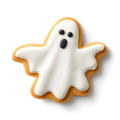 Ghost-shaped Halloween cookie with icing . Cute ghost-shaped sugar cookie decorated with white icing and black eyes, perfect for festive holiday treats.