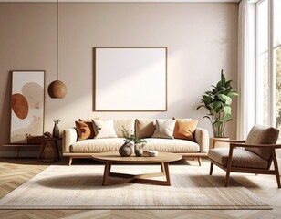 A bright, modern living room with a beige sofa, wooden furniture, and a large blank frame mockup on the wall.