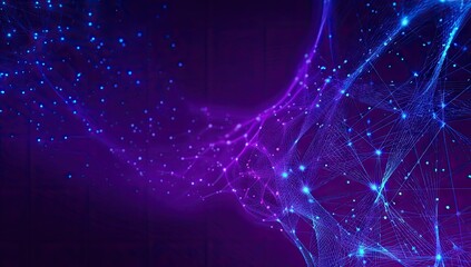 Abstract digital network.  Purple and blue glowing network of interconnected points and lines,  with scattered tiny lights.  Dark background