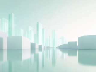 Fototapeta premium Abstract futuristic cityscape with glowing towers and reflective surfaces