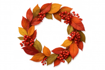 Colorful autumn leaves and red berries forming a beautiful wreath on a transparent background, perfect for fall-themed designs