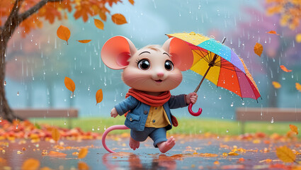 cute cartoon funny mouse walking with an umbrella in an autumn park, 3d illustration
