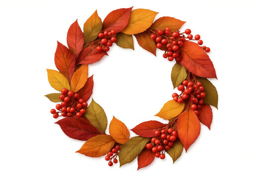 Colorful autumn leaves and red berries forming a beautiful wreath on a transparent background, perfect for fall-themed designs