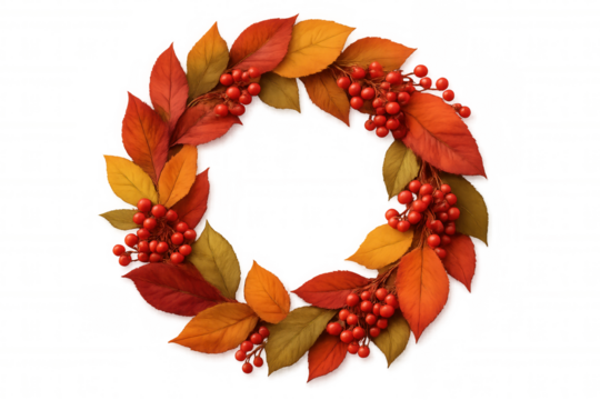Colorful autumn leaves and red berries forming a beautiful wreath on a transparent background, perfect for fall-themed designs