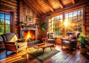 Cozy Cottage Interior: Warm Fireplace, Morning Light, and Comfortable Armchair
