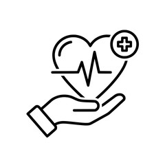 Obraz premium Healthcare Heart Icon with Hand, Heartbeat Line and Medical Cross Symbol – Vector Illustration