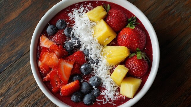 A vibrant smoothie bowl brimming with fresh strawberries, blueberries, pineapple chunks, and shredded coconut, rests in a white bowl atop a rustic wooden surface