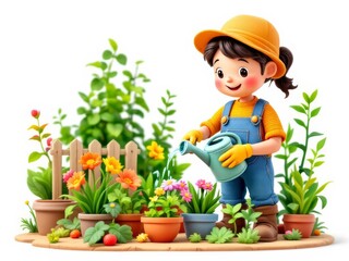 A cheerful young gardener tends to her colorful potted flowers