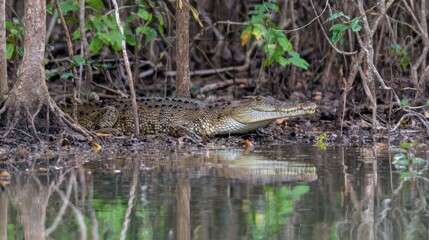 A crocodile rests on a muddy bank, partially obscured by mangrove vegetation, its reflection visible in the calm water