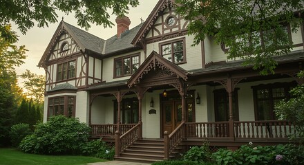 Exclusive USA home exterior accented by traditional charm with intricate wooden detailing