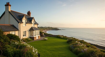 Stunning UK home exterior accented by seaside retreat featuring panoramic oceanfront views