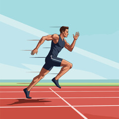 Obraz premium The image shows a person in a sprinting position, running on a red athletic track.