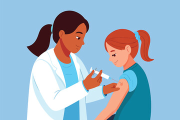 Vaccination Vector Illustration A Child Receives a Vaccine Shot from a Healthcare Worker