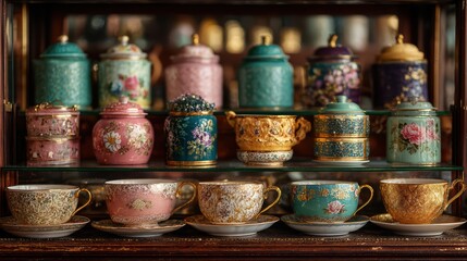 Vintage porcelain teacups and colorful jars arranged in display