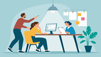 A diverse team of professionals collaborates on a project, analyzing data and discussing strategies in a modern office environment, fostering productivity.