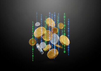 Cryptocurrency, fintech, blockchain — a set of abstract golden and silver coin symbols floating in mid-air against a dark gradient background. 