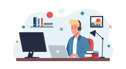 A focused young man wearing headphones works diligently at his desk with a laptop and monitor, engaged in remote work or online learning.