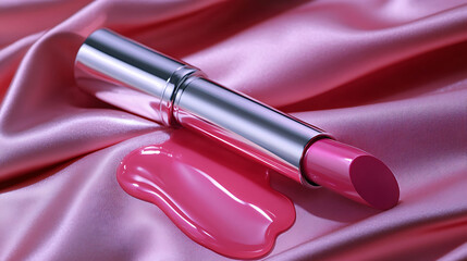 A single open lip gloss tube dripping glossy pink on a folded pink satin cloth, silver cap catching highlights, background softened with shallow depth of field,