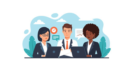 A diverse team of professionals engages in a productive business meeting, collaborating on projects and analyzing data with laptops in a modern office setting.