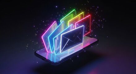 Neon illuminated smartphone displaying holographic mail icons in vivid colors