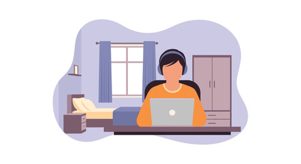A person wearing headphones works diligently on a laptop from their comfortable bedroom, illustrating modern remote productivity and digital learning.