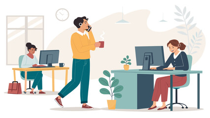 Three diverse professionals are diligently working in a bright, contemporary office space, collaborating and managing tasks efficiently.