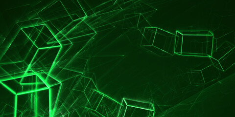 Geometrische grüne 3D-Blöcke in dynamischer Symbiose – technische Visualisierung digitaler Systeme, Architektur, Konstruktion, KI, Netzwerk,  Informationsstruktur, Technologie, Wissenschaft