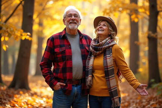 An older couple stands together, smiling, in a forest with yellow leaves, man wearing red plaid shirt, woman in yellow sweater and hat, holding hands.