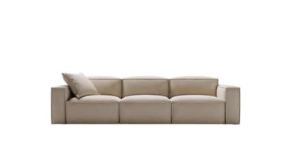 Modern beige modular sofa with cushion isolated on transparent background, a comfortable and stylish piece of furniture for living room