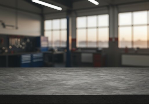 Mockup empty workbench in a blurred auto repair shop with large windows commercial usage